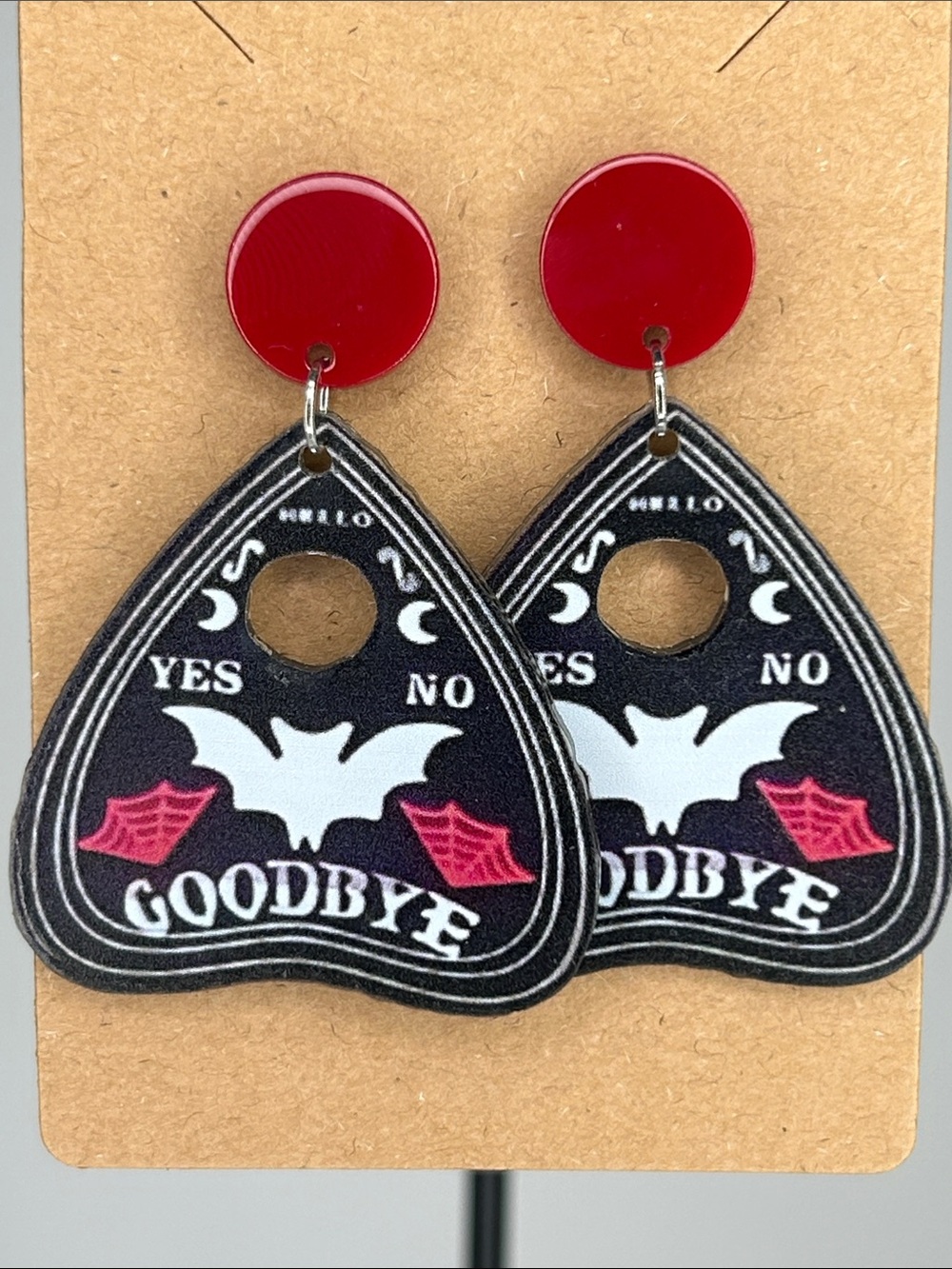 Ouija Board Planchette Bat Earrings with Red Studs Fashion Jewelry